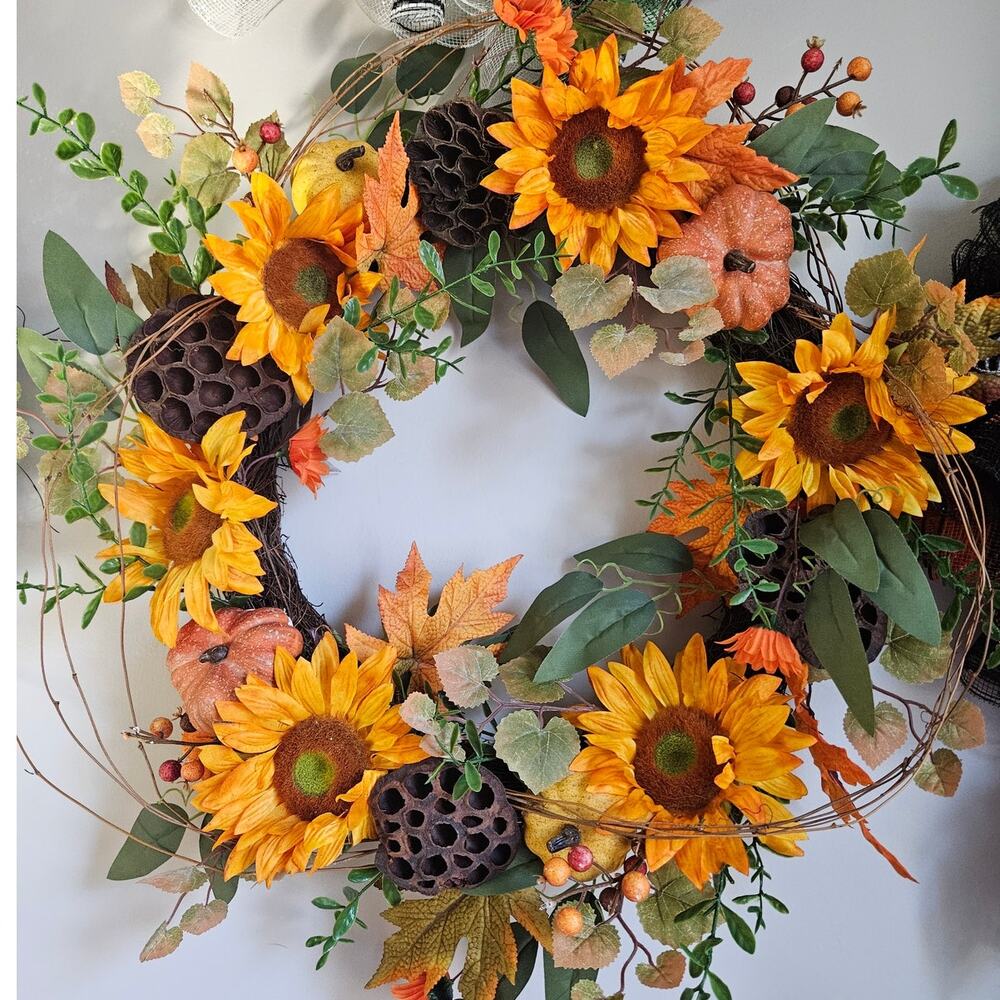 Sunflower Wreath Pumpkins Dried Gourds Twig Base Fall Handmade 30x6